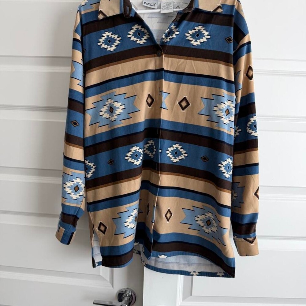 Vintage Capacity blue, beige, and brown geometric pattern polyester & spandex sh